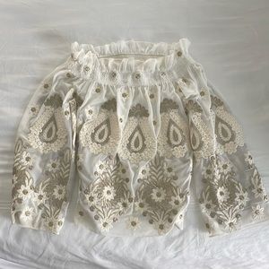 Sheer off the shoulder hold embroidered top.